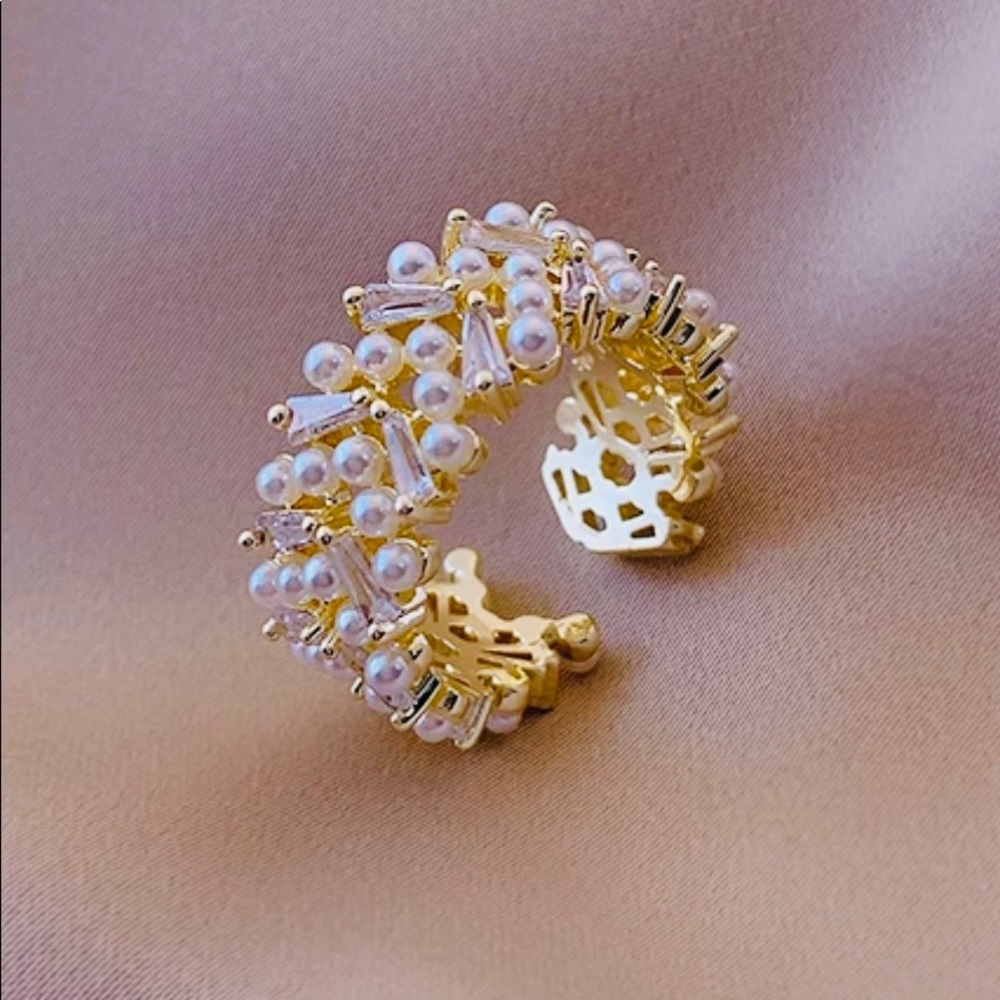 High Quality Pearl Zircon Gold Open Rings For Woman Resizable Gold Pearls Ring